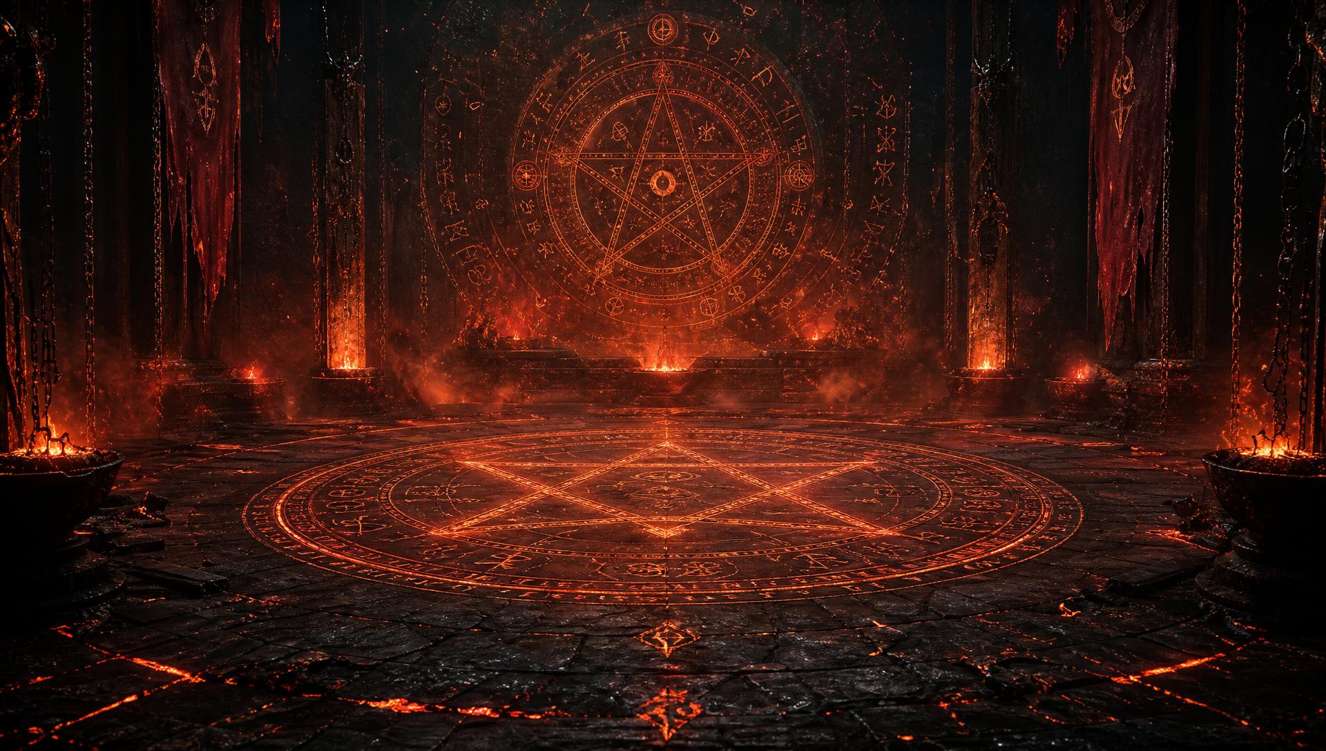 Burning ritual pentagram wreathed in smoke