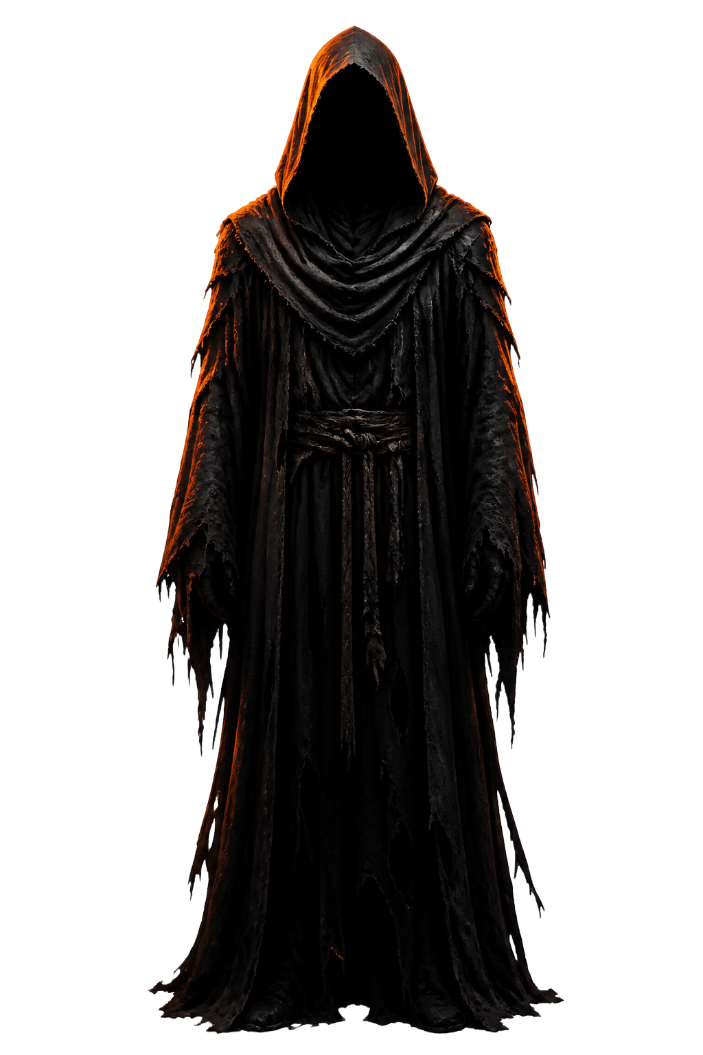 Hooded faceless figure in tattered black robes